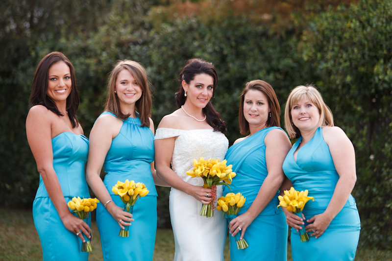 Turquoise and yellow bridesmaid dresses